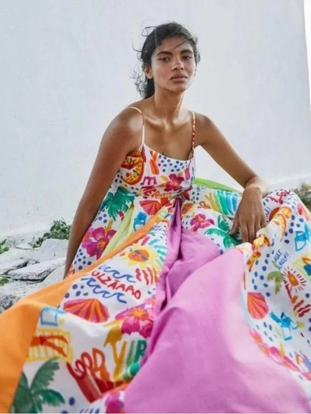 FARM Rio Multicolor Floral & Shell Print Maxi Dress with Pink Panel